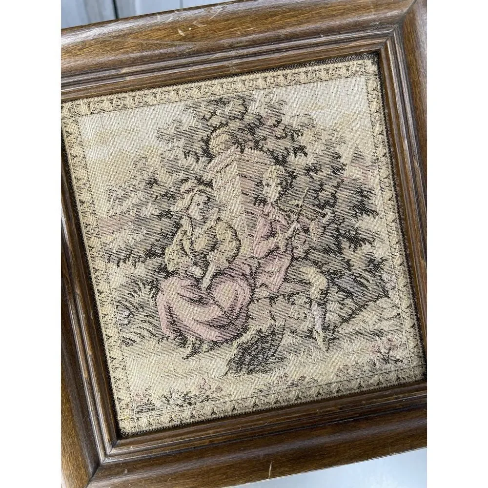 Antique Framed French Tapestry Boy Girl Violin Umbrella Victorian 8 X 8in